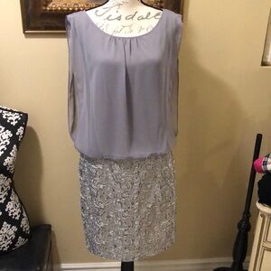 🩶 Calvin Klein Chiffon overlay attached sleeveless top, scroll lace skirt dress